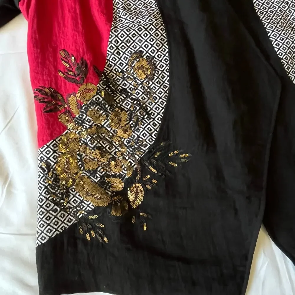 Chico's Size 2 Black Open Front Sequin Embroidered Jacket Cardigan Floral